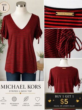 Michael Kors Orange Black Striped V Neck Top Size L Short Sleeve Logo Tee